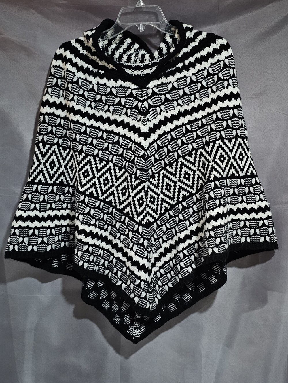 Boho Black & White Geometric Knit Hooded Poncho - One Size Fits Most